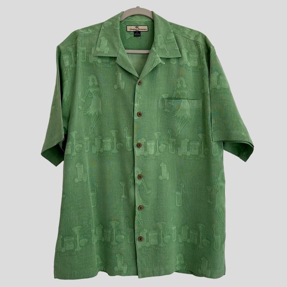 Tommy Bahama Hawaiian Camp Shirt Green M Silk Hula Dancer Bahama Colada EUC - Picture 2 of 11
